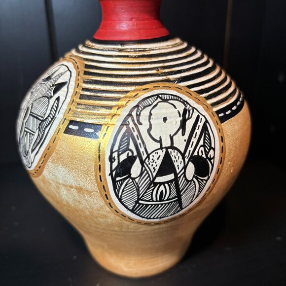 Terracotta Hand Painted Madhubani Matki Shaped Vase, Red, Gold and Black, India - Picture 2 of 10